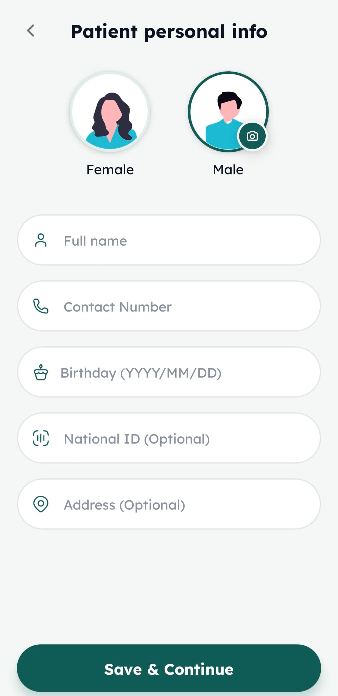 Epitello patient personal info screen with name, contact, birthday, and optional national ID and address fields